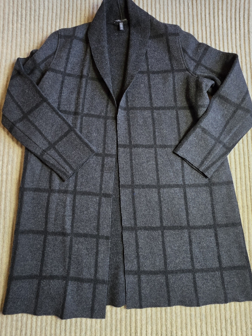 Eileen Fisher Wool Cardigan Shawl Collar Gray Windowpane Size M Sweater